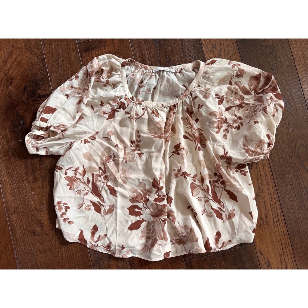 Abercrombie & Fitch Floral Puff Sleeve Blouse Cream Brown Short Sleeve Top Small